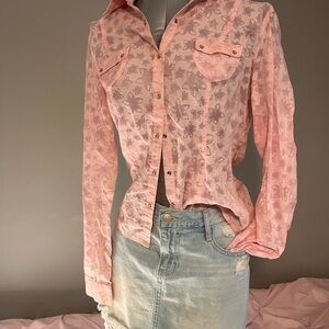 Lilu Pink Sheer Floral Button-Down Shirt